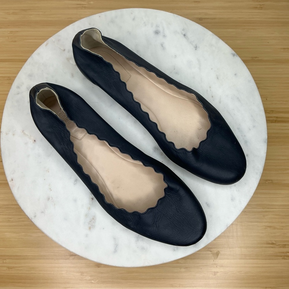 Chloe Size 40.5 Lauren Ballerina Scalloped Leather Flat Navy Blue